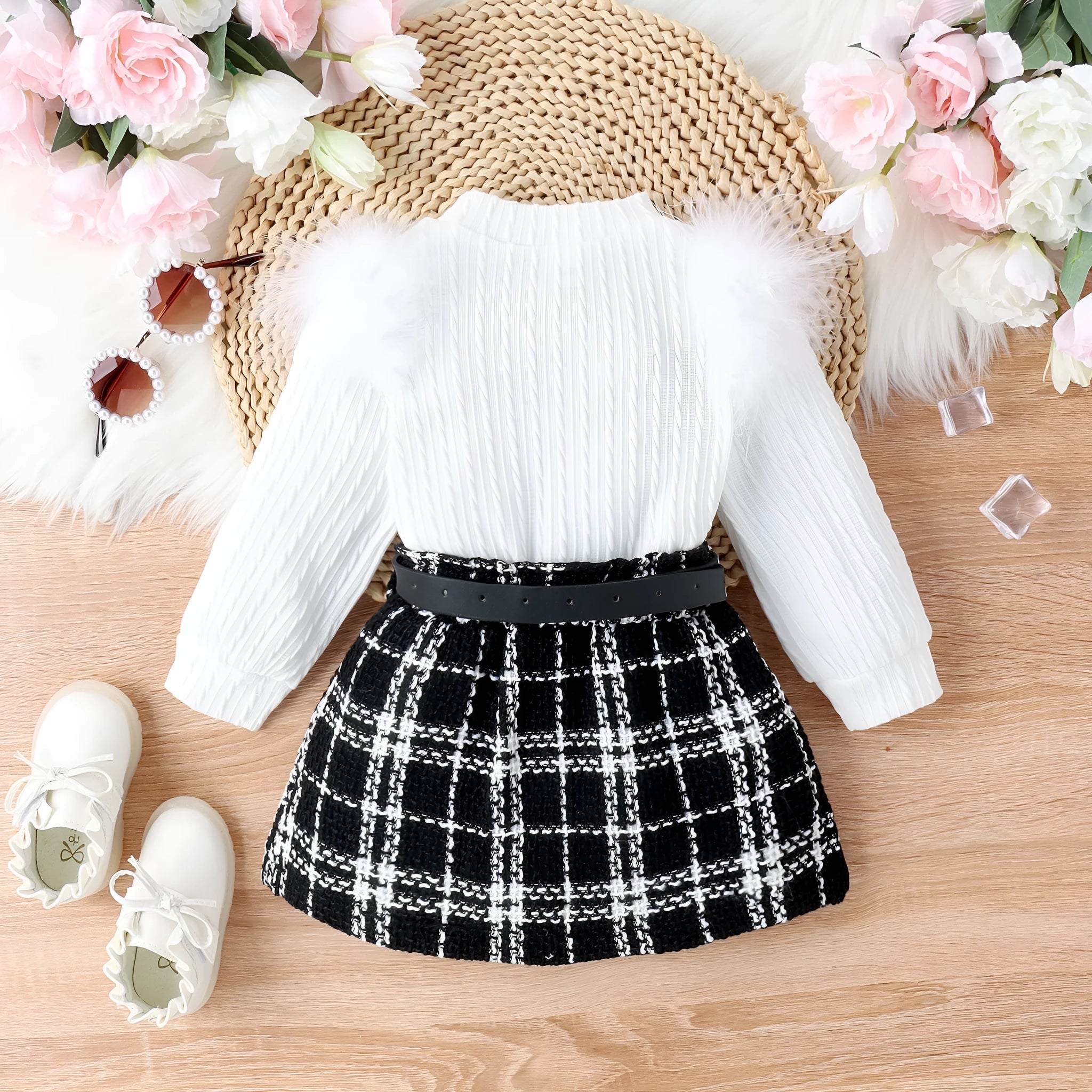 White girls' three-piece suit with furry cotton top, woolen fabric skirt, and belt for autumn winter