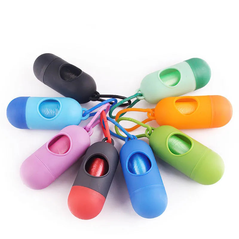 Small square dog waste bag dispenser with a metal side hook, shown in various colours.