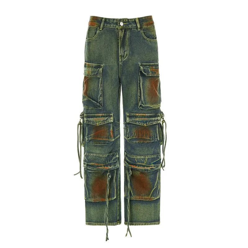 Men's loose cargo denim trousers with gradient colour pockets and multiple tooling-style compartments