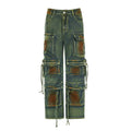 Men's loose cargo denim trousers with gradient colour pockets and multiple tooling-style compartments