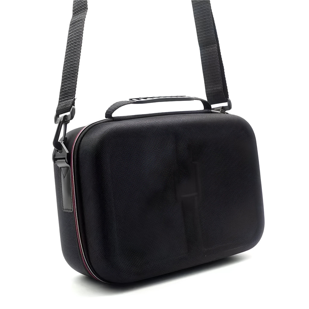 Black EVA game console accessory storage bag showing dimensions and 5kg load capacity for controllers and cables