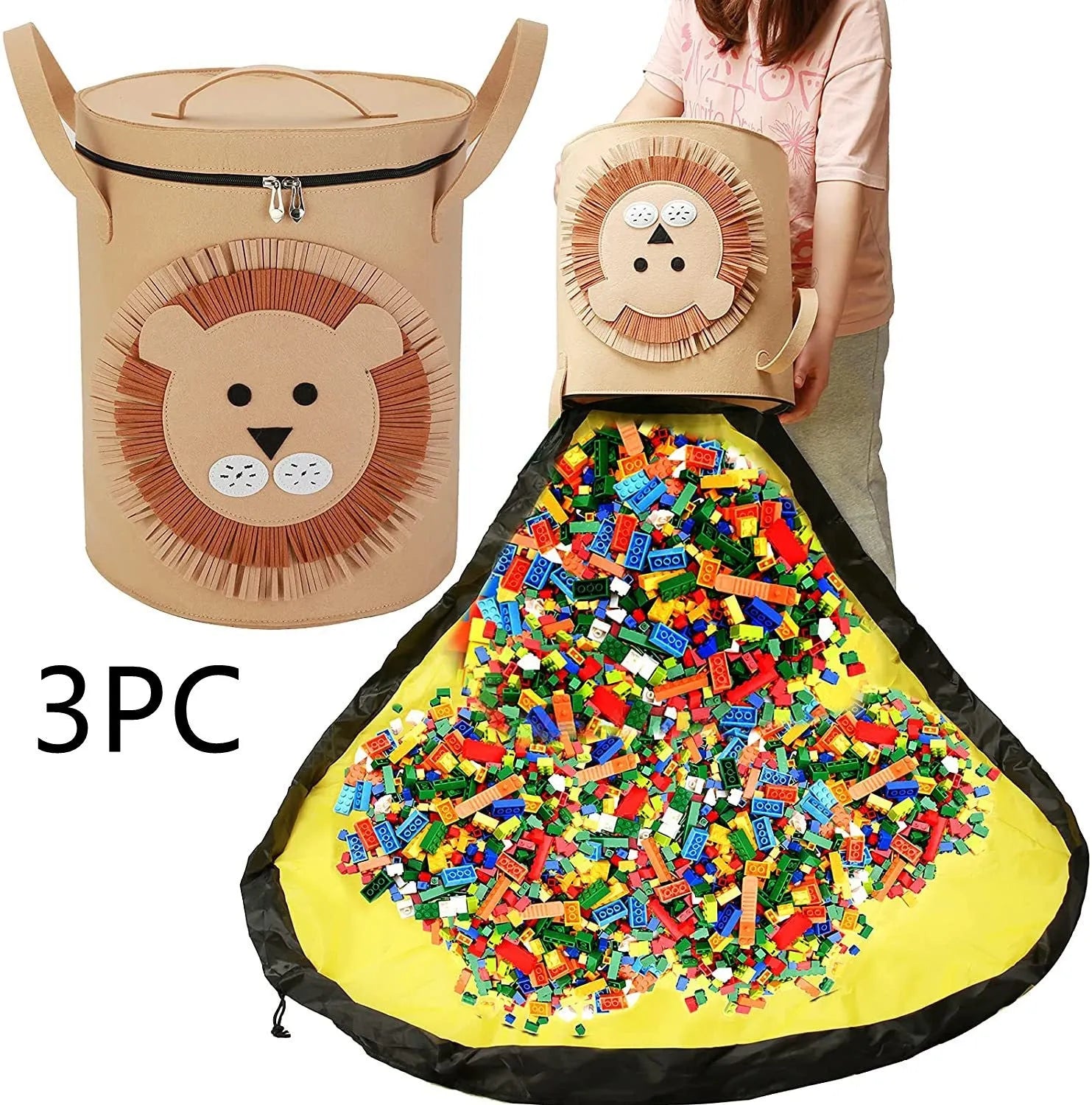 Green felt cube storage bag with a pull rope, laid flat as a play mat.