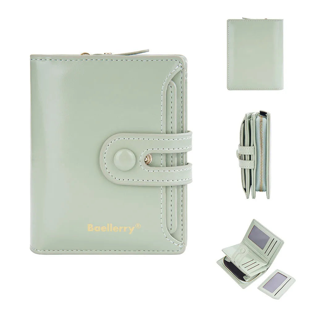 Women's PU leather card holder wallet shown in available colours: black, white, blue, red, green, brown, pink, orange.