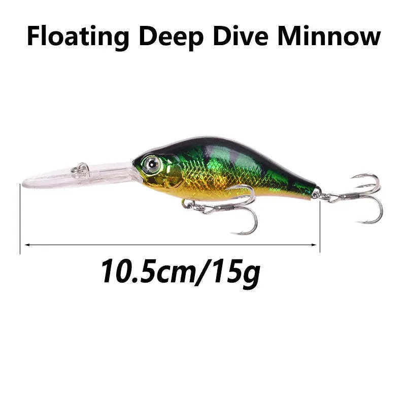 Floating Rock Little Fat Man deep diving mino fishing lure, 10.5cm long with treble hooks.