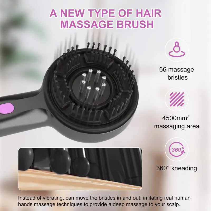 Grey head massage tingler with built-in hair brush, showing mechanical buttons and USB port.