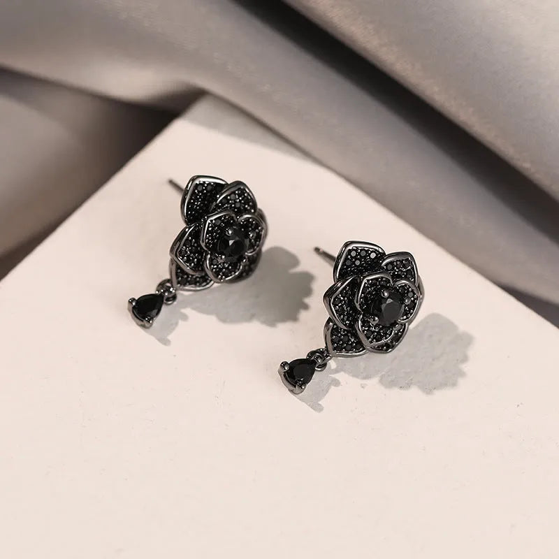 Black rose zircon floral stud earrings with 18K gold electroplating
