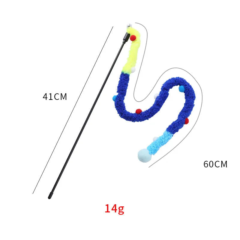 Colourful plush strip cat wand toy with jingle bells on a 41cm long pole