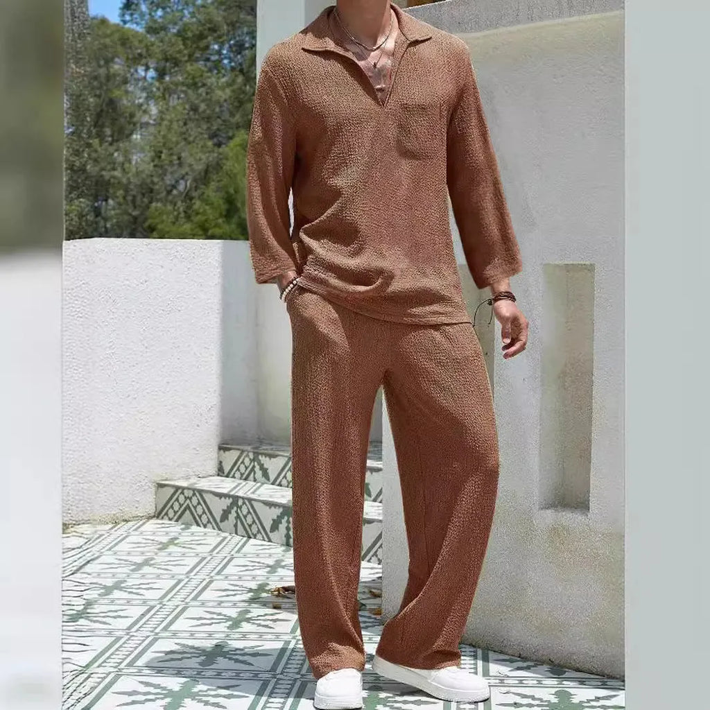 Men's casual shirt trousers suit in lake blue colour, two-piece set for autumn leisure wear