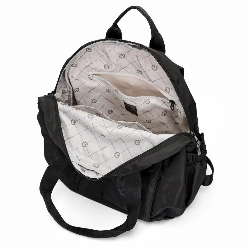 Outdoor lightweight backpack with nylon construction showing sandwich pocket design and available colour options