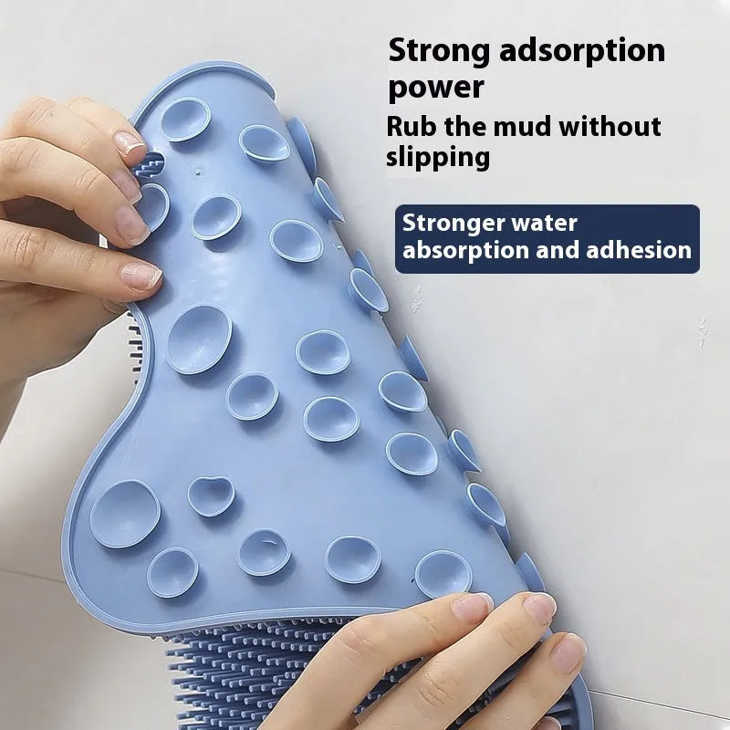 Blue silicone bath brush cushion measuring 31cm by 32cm for body scrubbing