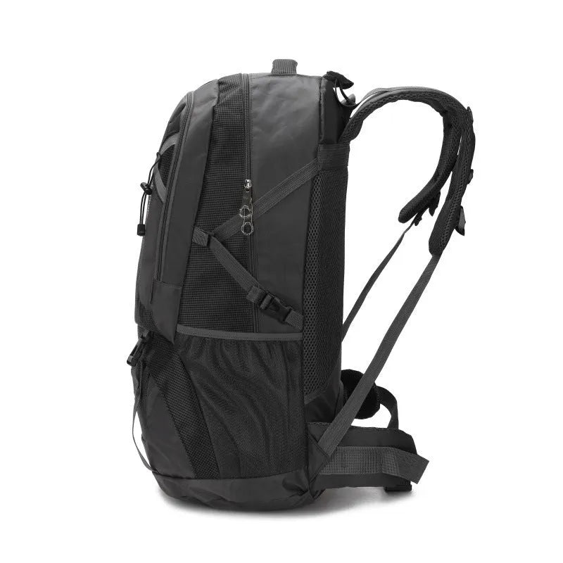60L black nylon mountaineering backpack with letter print and air pillow belt