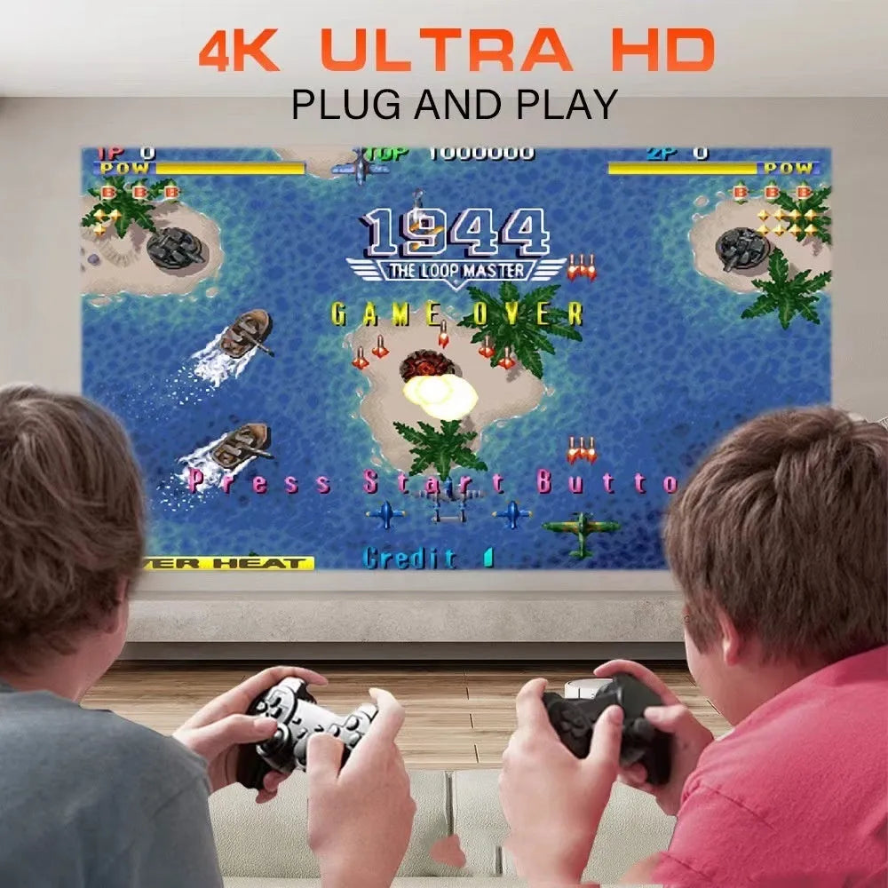 A white HD wireless game projector for home use on a wooden surface.