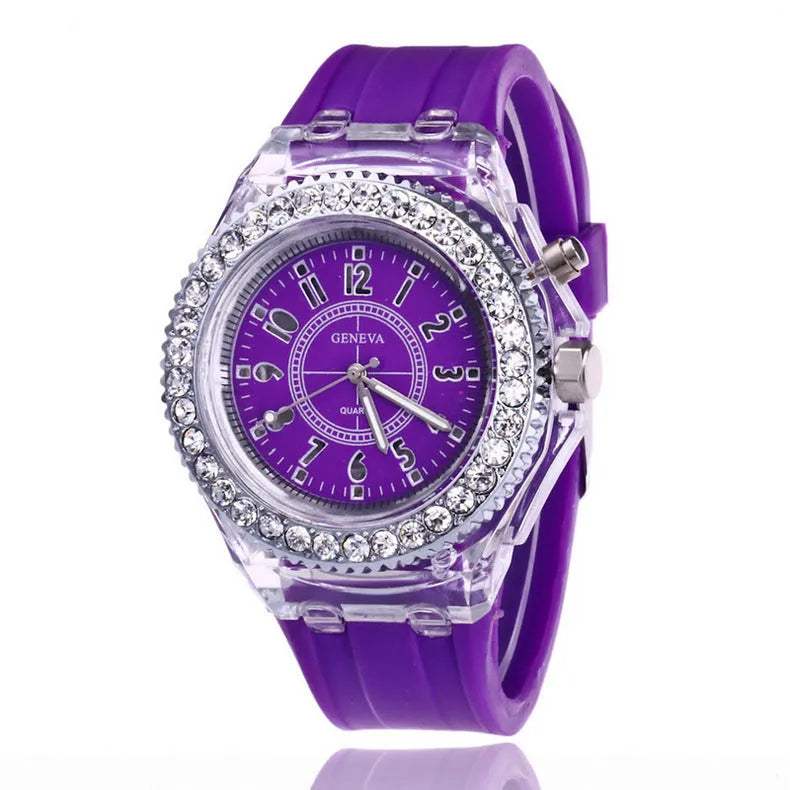 Women's LED luminous quartz watch with round 43mm alloy case and coloured silicone strap