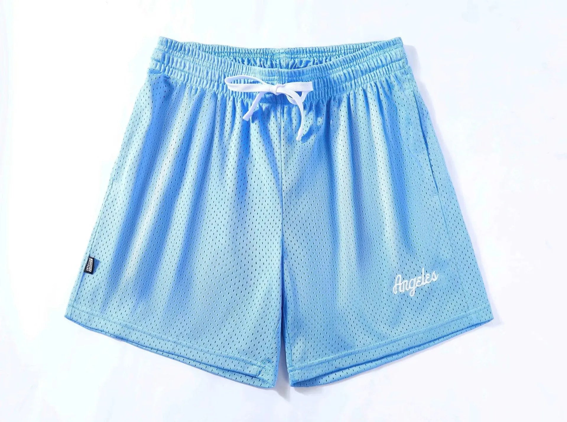 Men's personalised double-layer mesh sports shorts in multiple colours on a size chart.