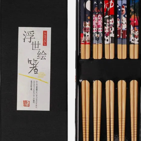 Japanese style bamboo chopsticks with cartoon patterns in lucky cat or elegant blue designs
