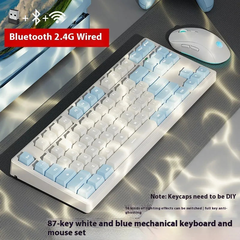 Triple-mode mechanical keyboard in various colour options showing 87-key and 108-key layouts
