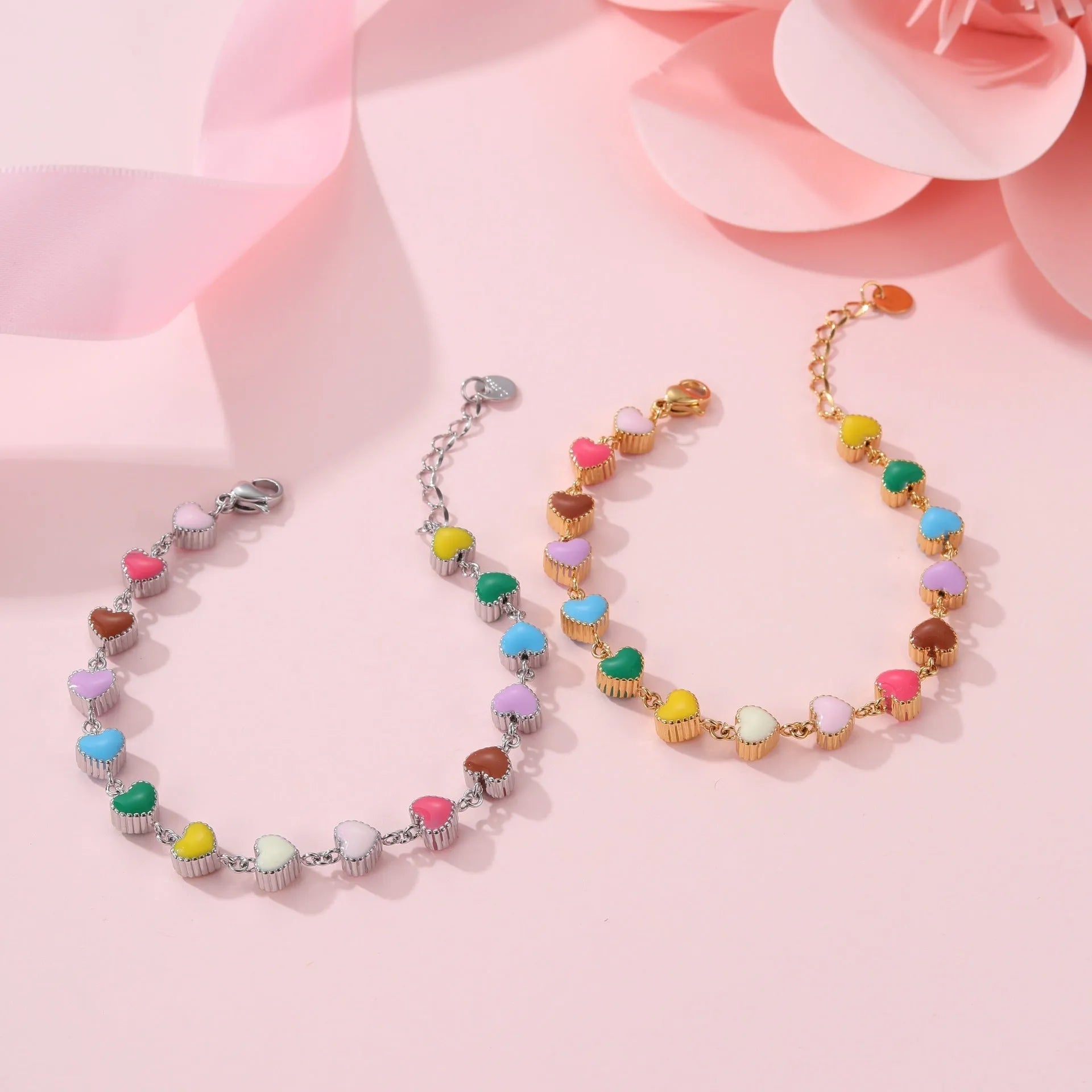 18K stainless steel heart-shaped bracelet with electroplated gold or steel finish