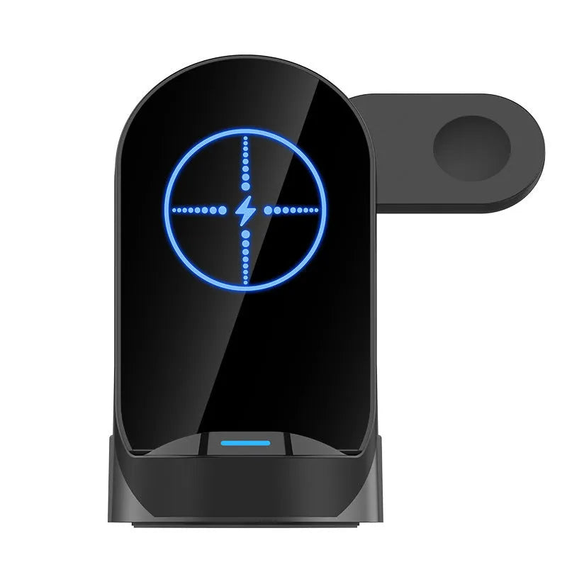 Black grey foldable 3-in-1 wireless charger vertical stand with phone, watch and headphone charging areas