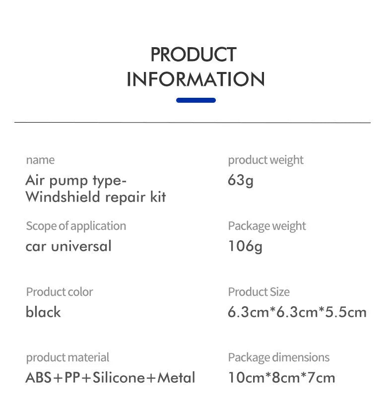 Car windshield crack repair kit showing plastic tool and glass corrector solution bottle