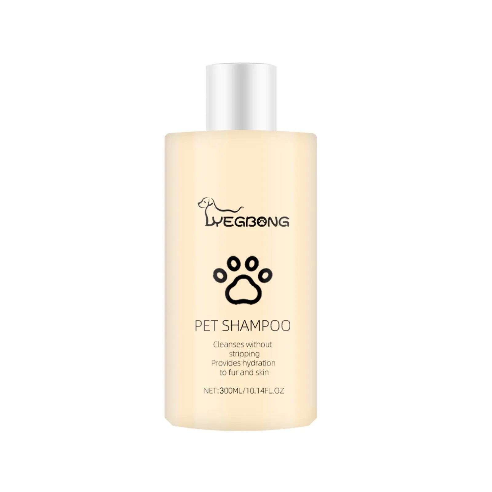 100ml and 300ml bottles of mild pet shampoo for dogs on a white background.