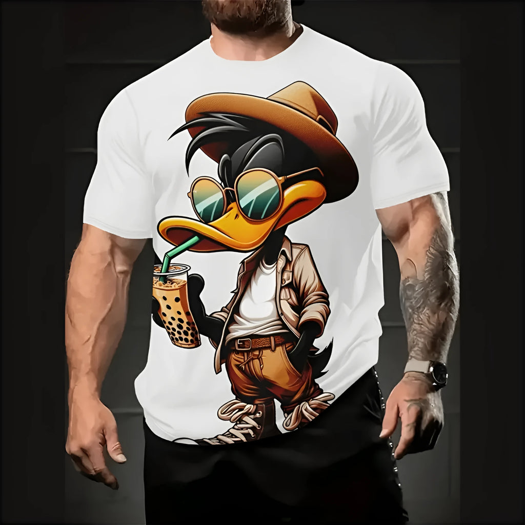 Man wearing a loose-fit short-sleeve shirt with a large cartoon 3D print on the chest in a linen blend fabric.