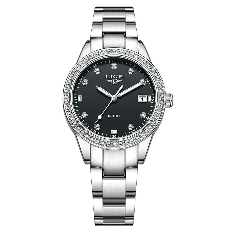 Women's silver fashion watch with diamond bezel, luminous hands and round dial