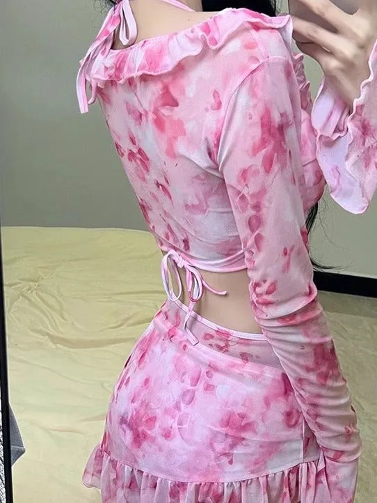 Women's floral bikini swimsuit set in cherry blossom pink colour.