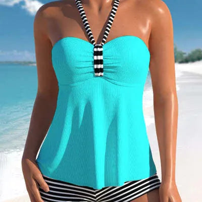 Women's off-shoulder swimsuit in black and white striped design with briefs style