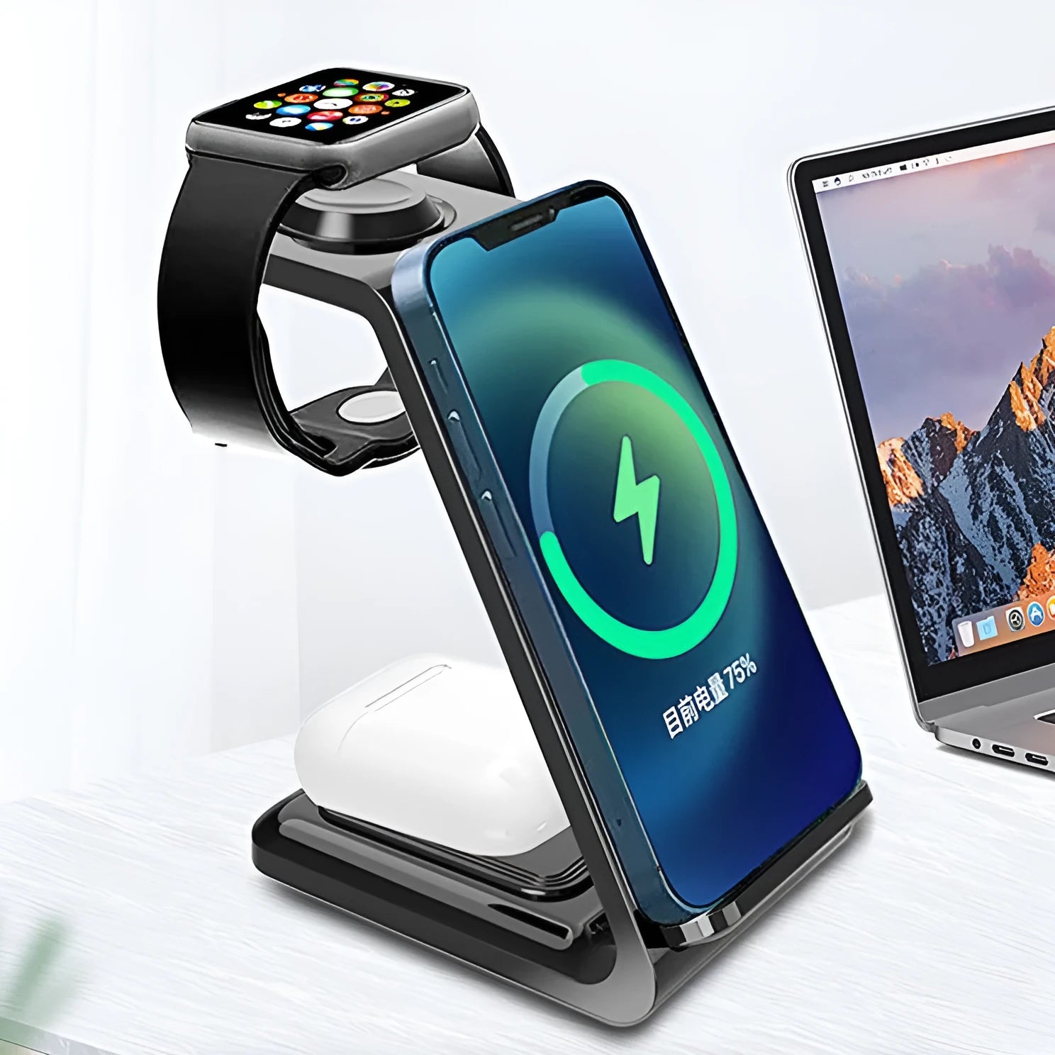 White 3-in-1 upright wireless phone charger with dual coils and Type-C cable on desk