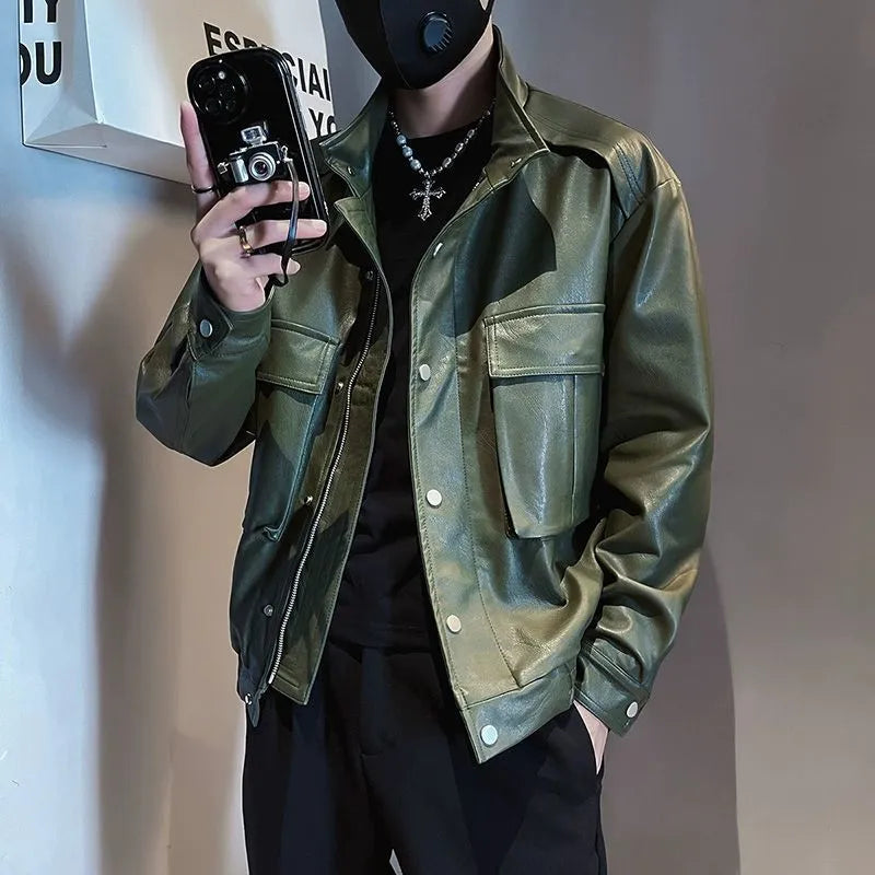 Korean style black PU leather pilot jacket with straight hem design for men