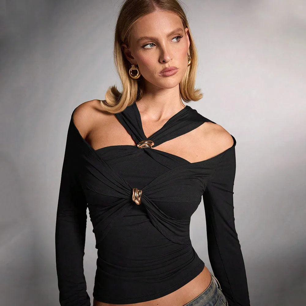 Black women's halter top with slim fit and shoulder-baring strapless design