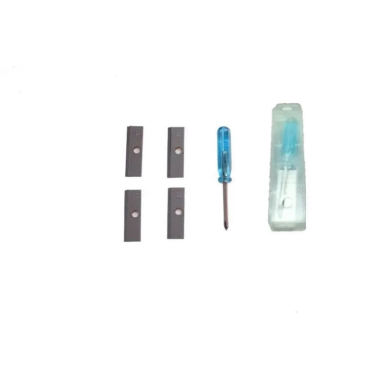 Four-hole plastic pencil sharpener with geometric design and screwdriver for blade replacement