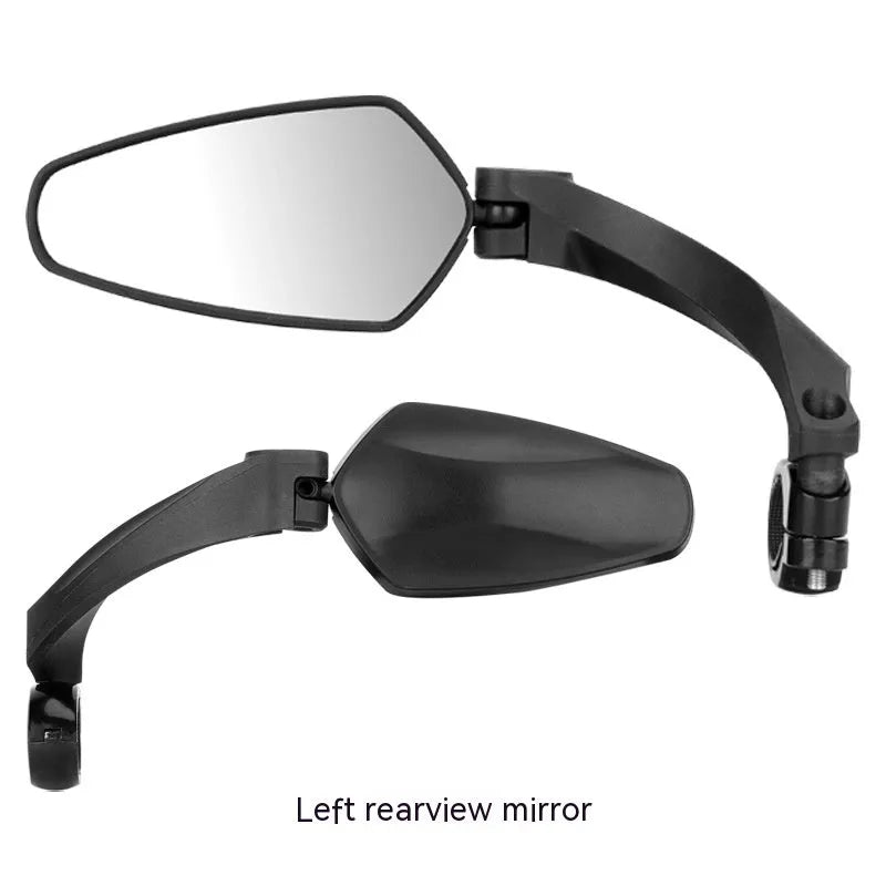 Black bicycle rearview mirror with wide 210mm acrylic lens mounted on a handlebar.