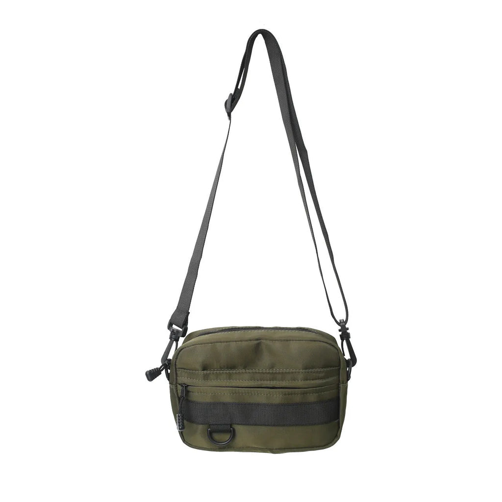 Men's nylon messenger bag in street style with crossbody strap and sewing thread details