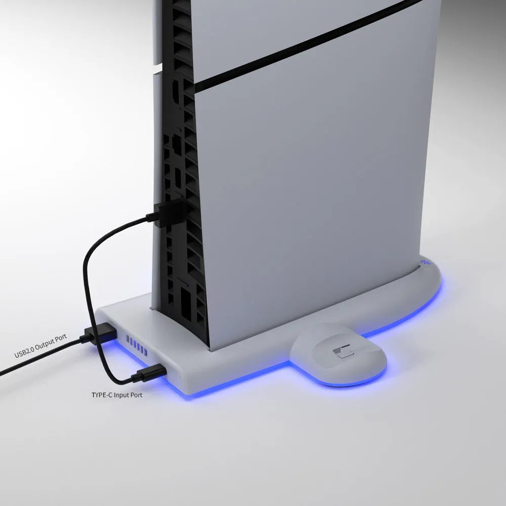White PS5 Slim charging base with cooling fan, RGB lights, and charging belt