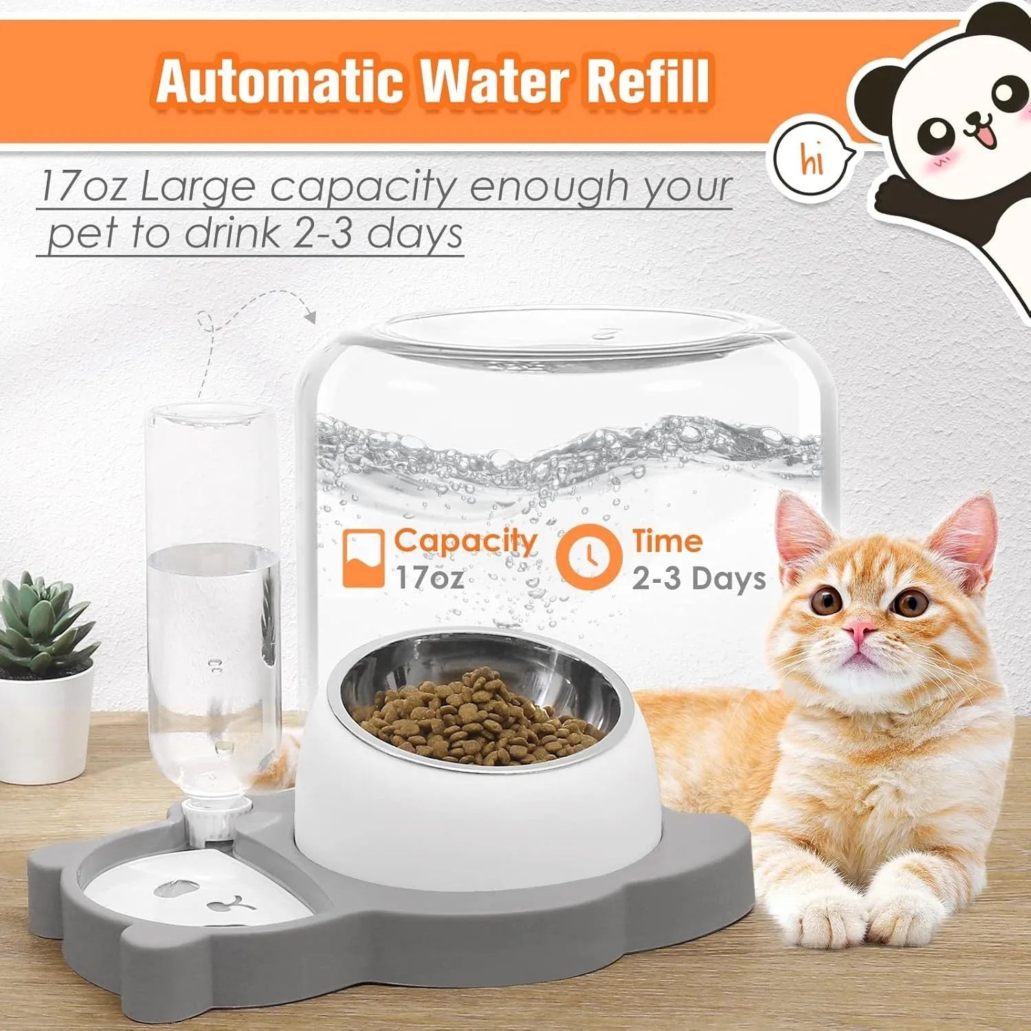 Grey panda-shaped pet feeder with tilted stainless steel bowl and automatic water bottle