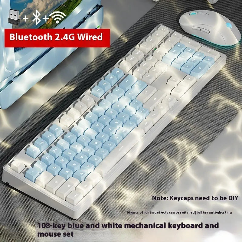 Triple-mode mechanical keyboard in various colour options showing 87-key and 108-key layouts