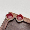 Red alloy square earrings with geometric inlaid design for women