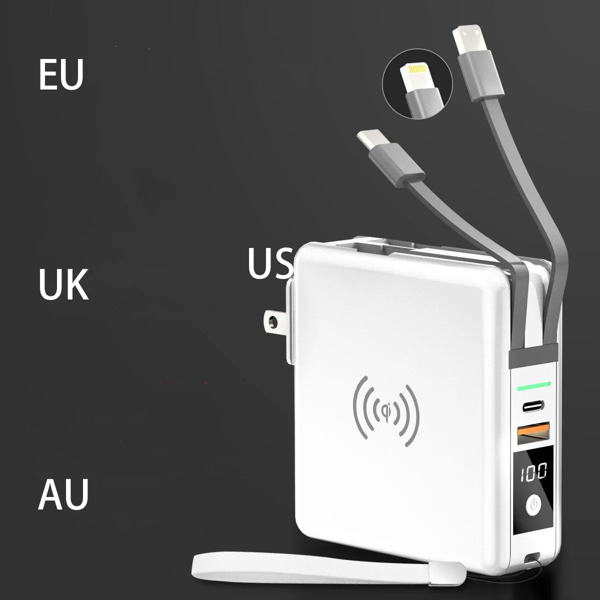 Black or white 10000mAh power bank with wireless charging and four international plug adapters