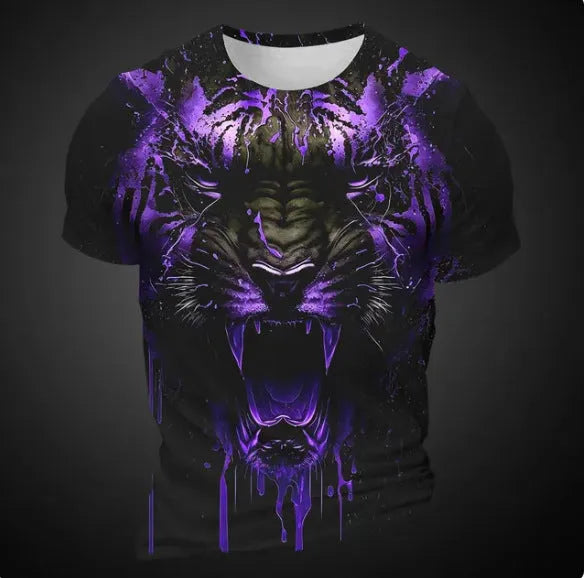 Men's 3D tiger pattern short sleeve T-shirt in lightweight polyester fabric.