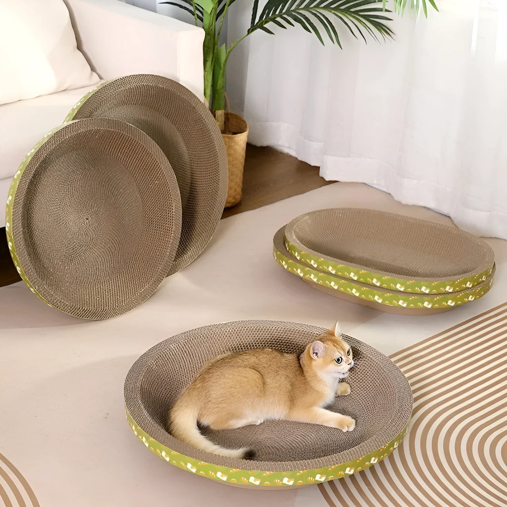Round corrugated paper cat scratch board and nest toy with catnip for scratching and lounging