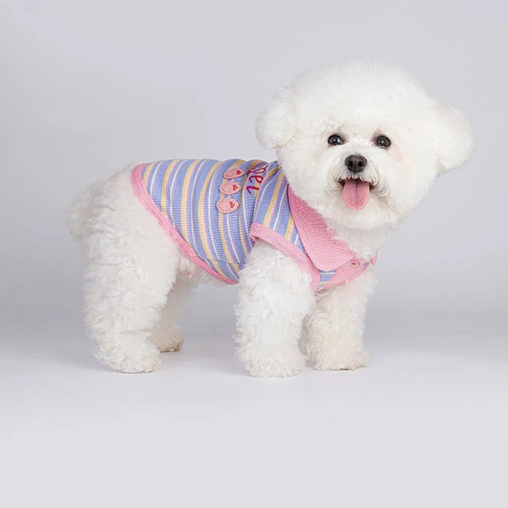 Pink purple vest for small dogs and cats with size chart showing seven weight ranges