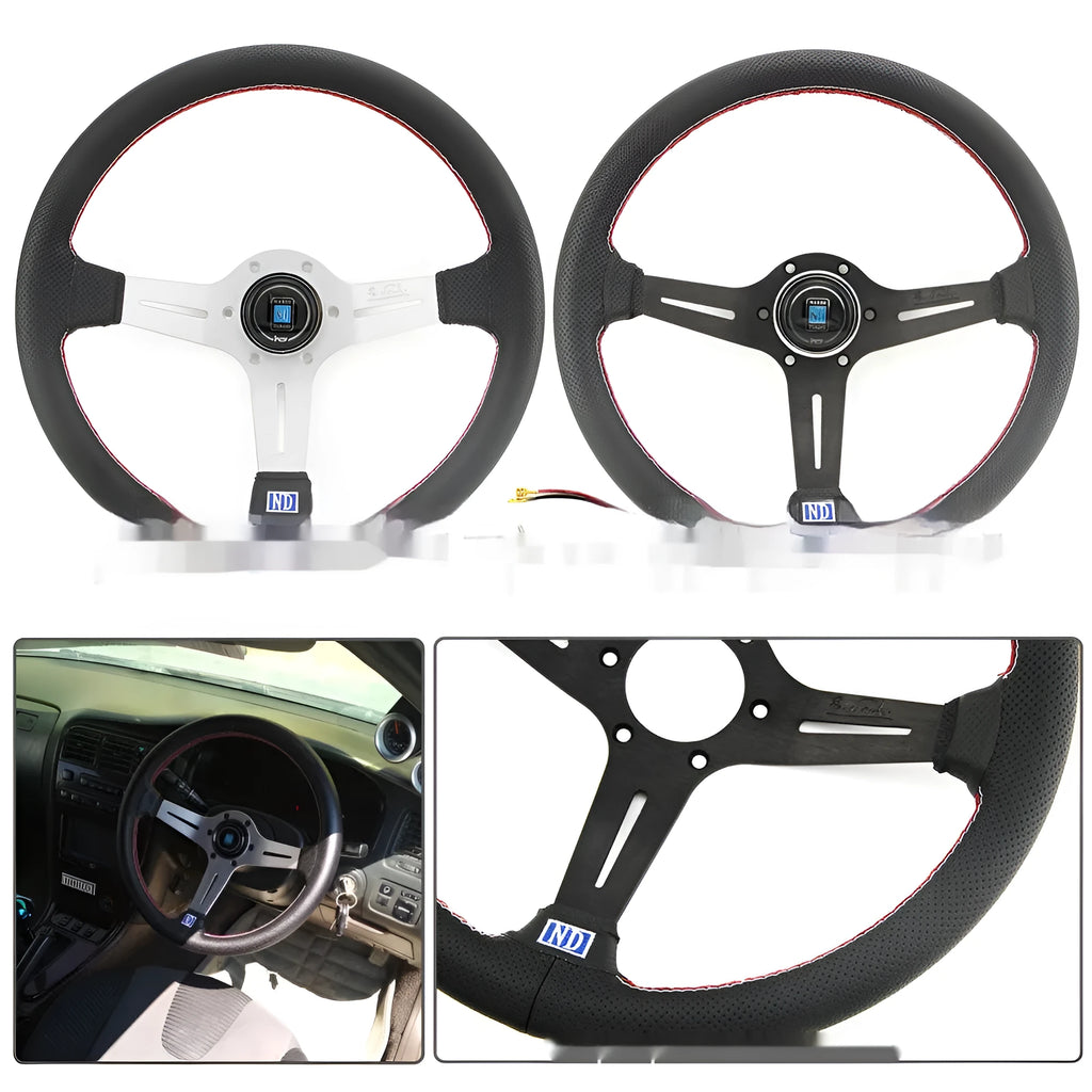 Silver black 14-inch leather middle concave steering wheel for car replacement