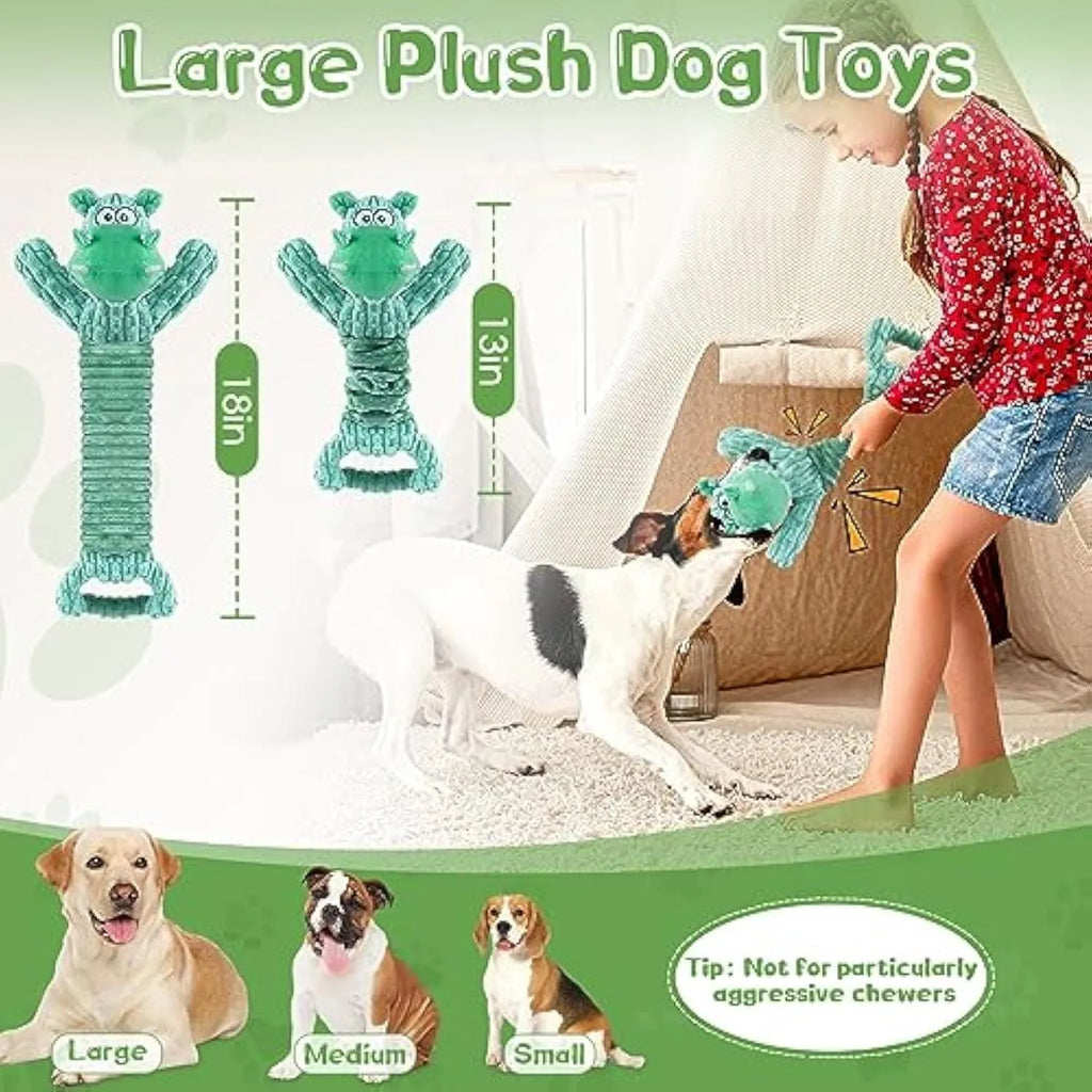 Large plush hippo or monkey dog toy with a handle base for tug-of-war games.