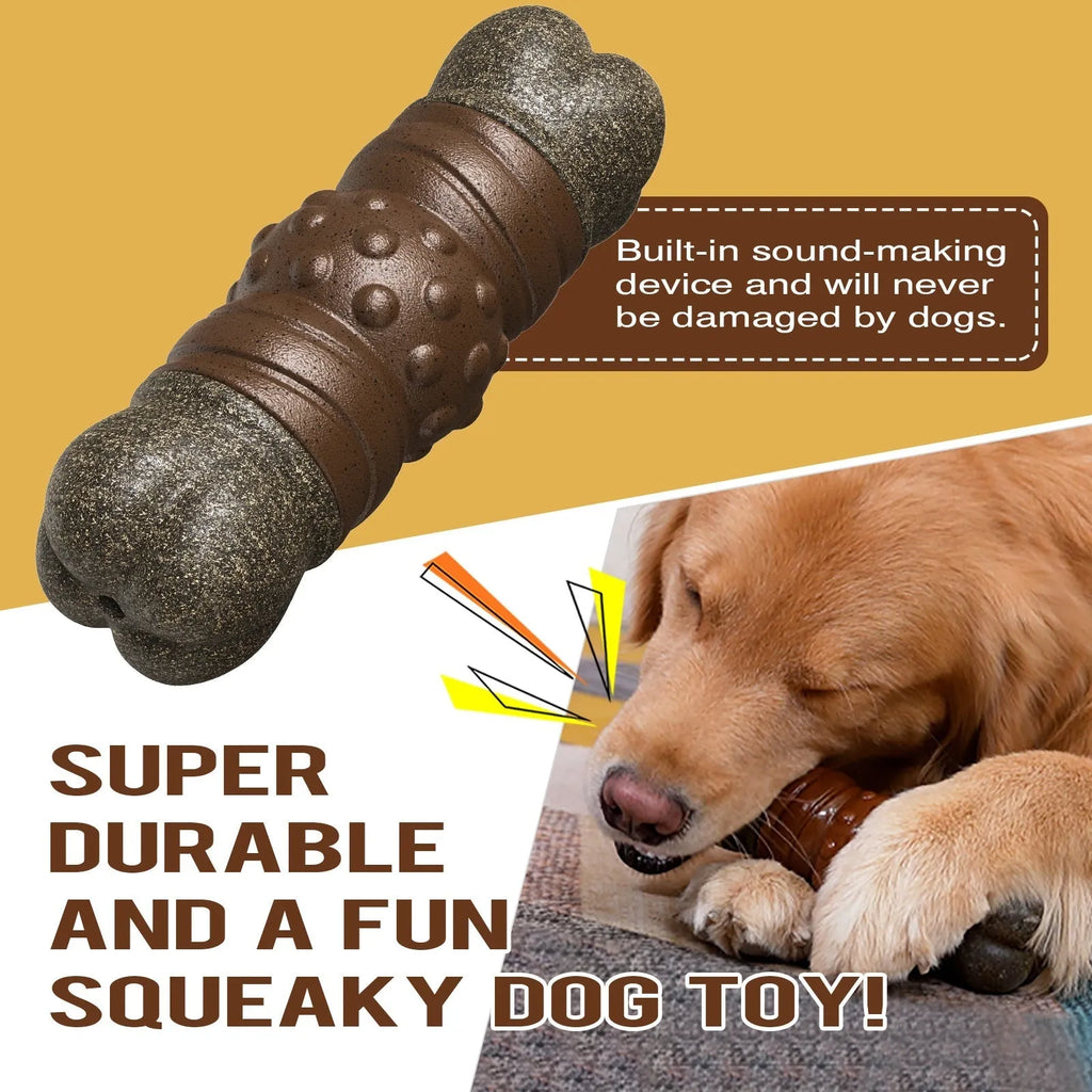 Wood colour plastic sounding bone dog toothbrush toy with attached molar rod for canine dental cleaning