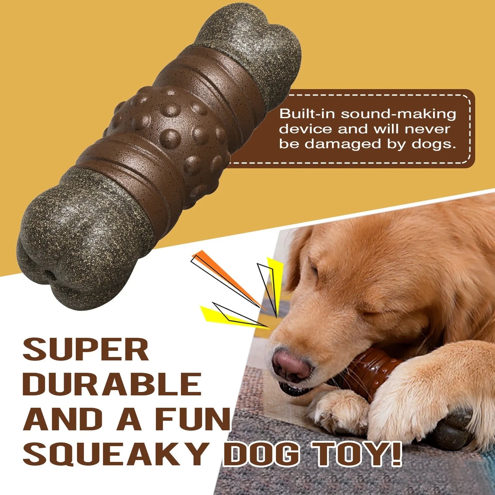 Wood colour plastic sounding bone dog toothbrush toy with attached molar rod for canine dental cleaning