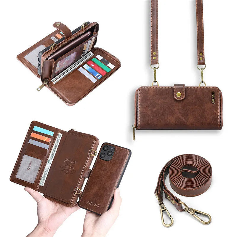 Detachable magnetic wallet phone case in black, blue, brown, or red colour options