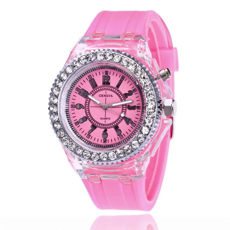 Women's LED luminous quartz watch with round 43mm alloy case and coloured silicone strap