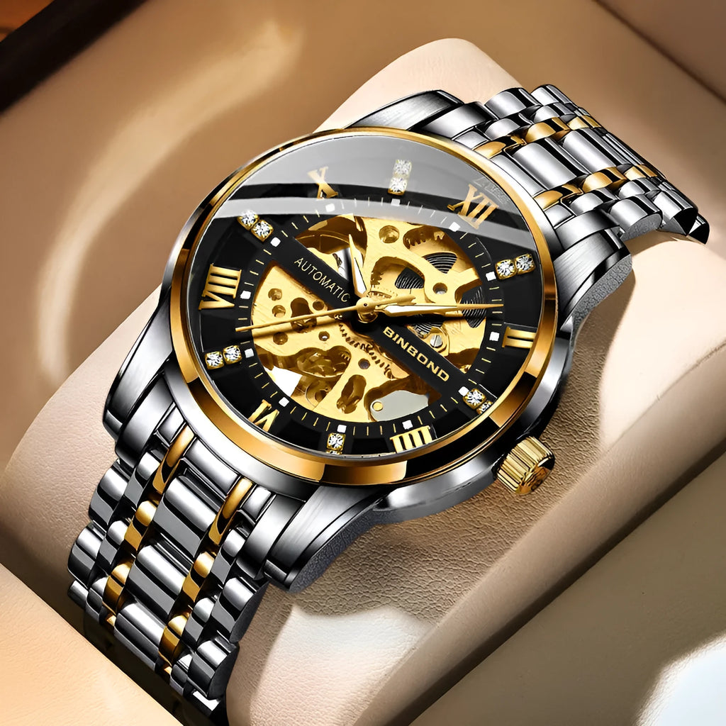 Men's automatic mechanical watch with luminous display metal case black steel black surface