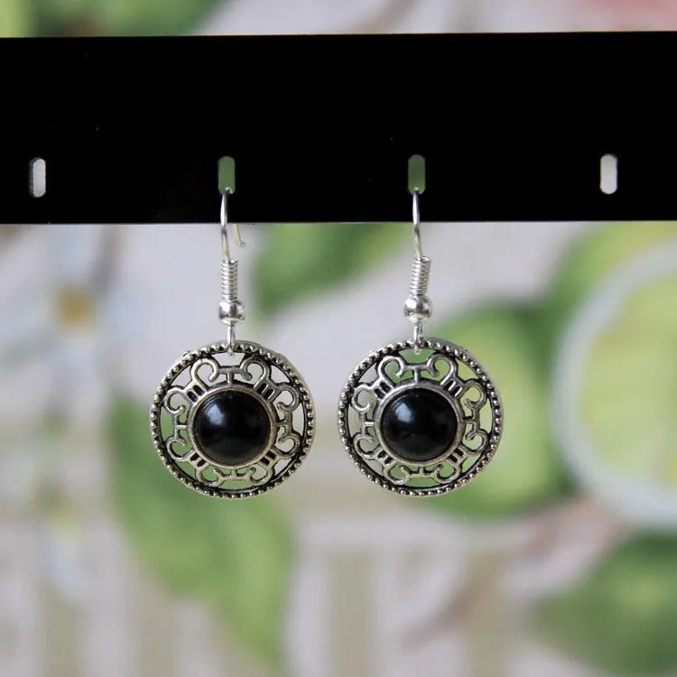 Handmade Miao silver ethnic earrings with turquoise flower disk geometry design